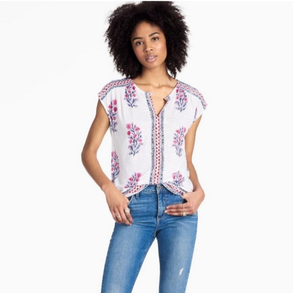 Lucky Brand boho floral white linen blend tee